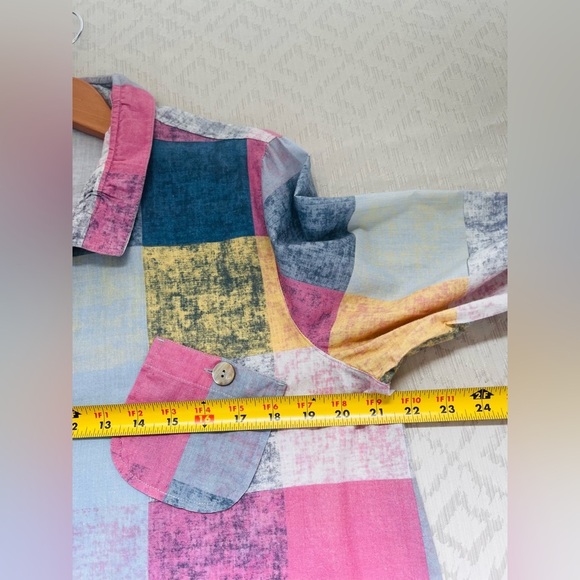 John Mark Button Front Patchwork Top Tilted Pockets Wired Collar Multicolor L - Picture 6 of 7